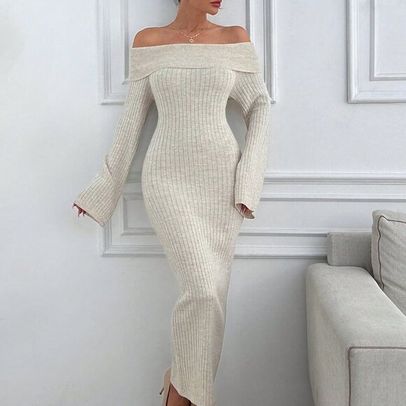 Apricot Elegant Women's Off Shoulder Sweater Maxi Dress - Picture 7 of 7